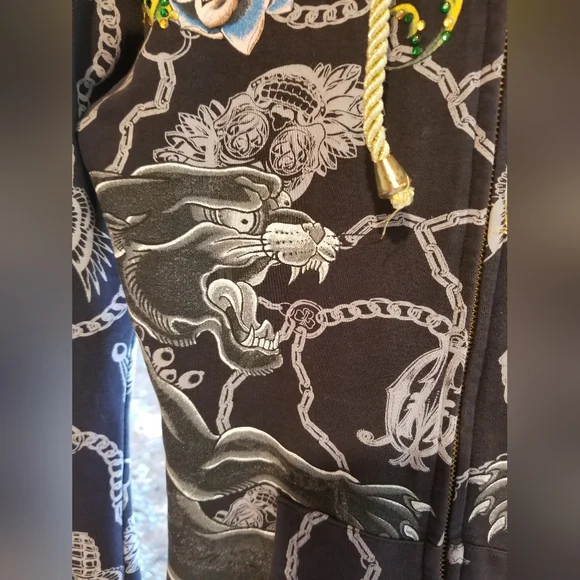 Small Christian Audigier Hoodie zip up Sweatshirt top Ladies Panther Black Gold - Picture 5 of 16